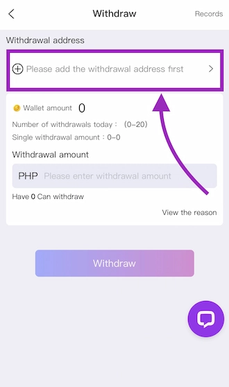 Step 2: Select add a withdrawal address option.